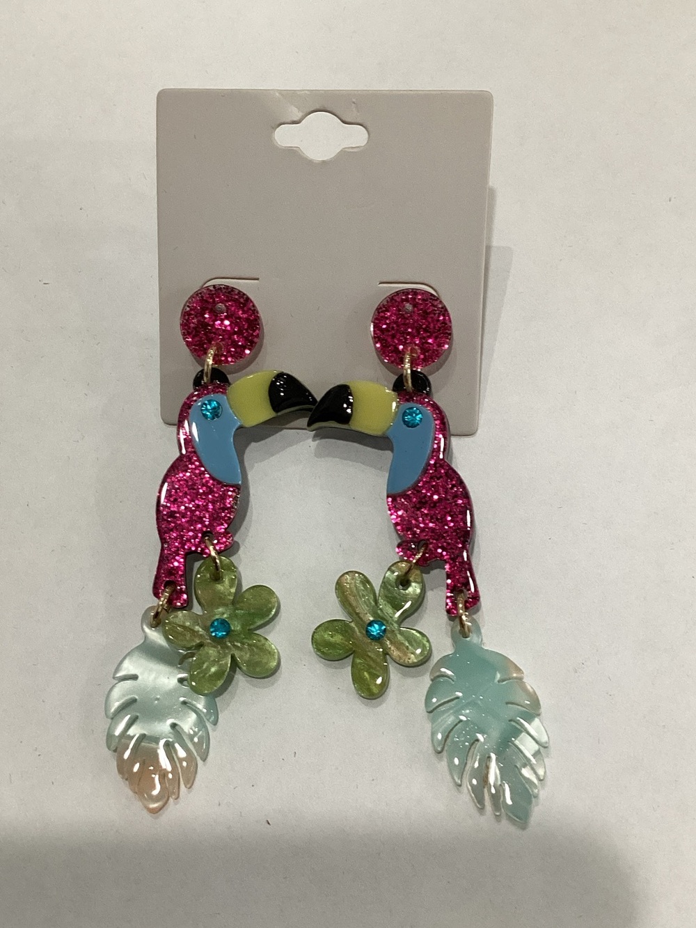 Tropical‎ Toucan Dangle Earrings in Hot Pink and Aqua
